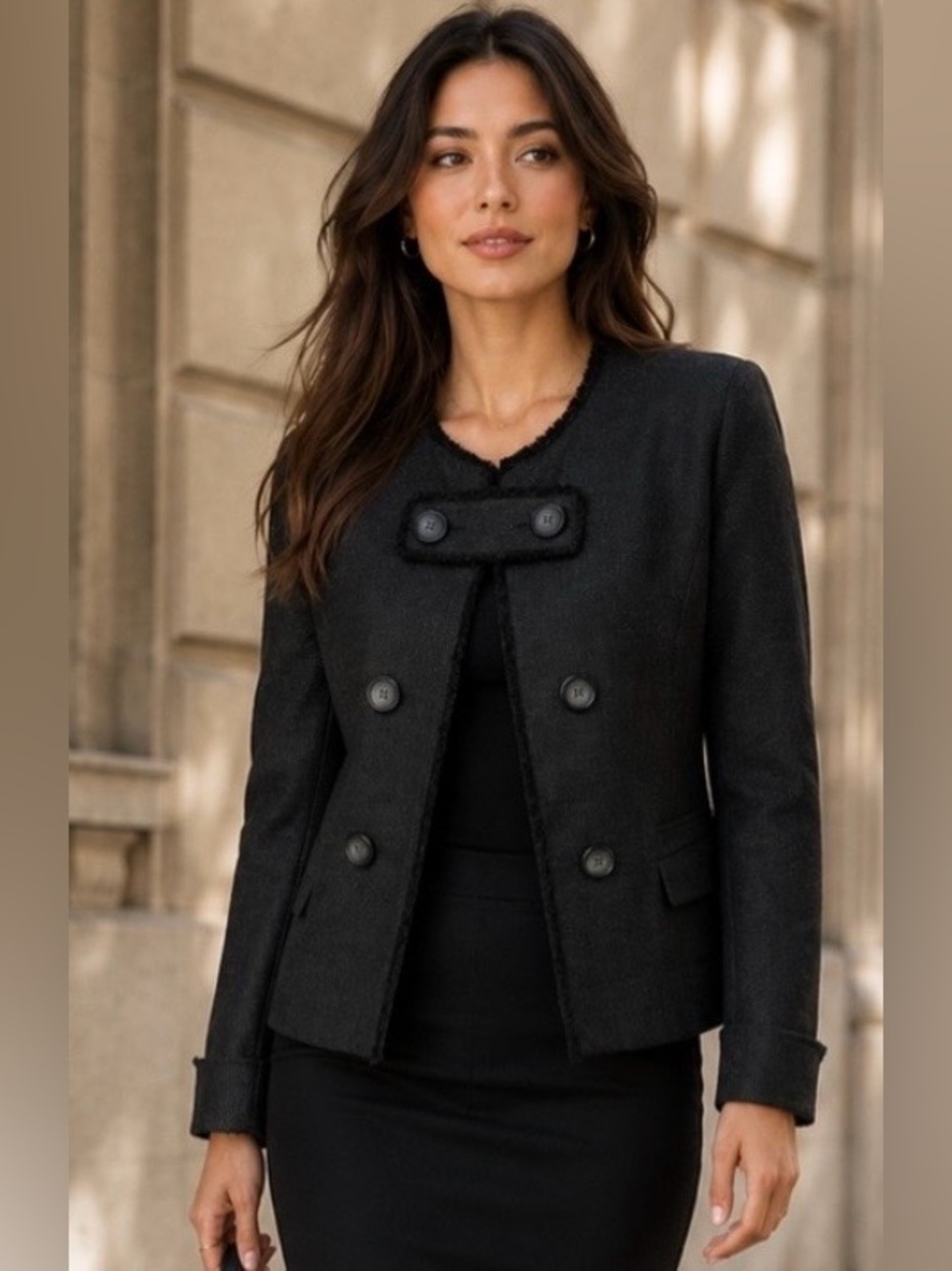 Lafayette 148 New York Black Textured Fringe Trim Blazer Jacket Sz 8 Career Luxe